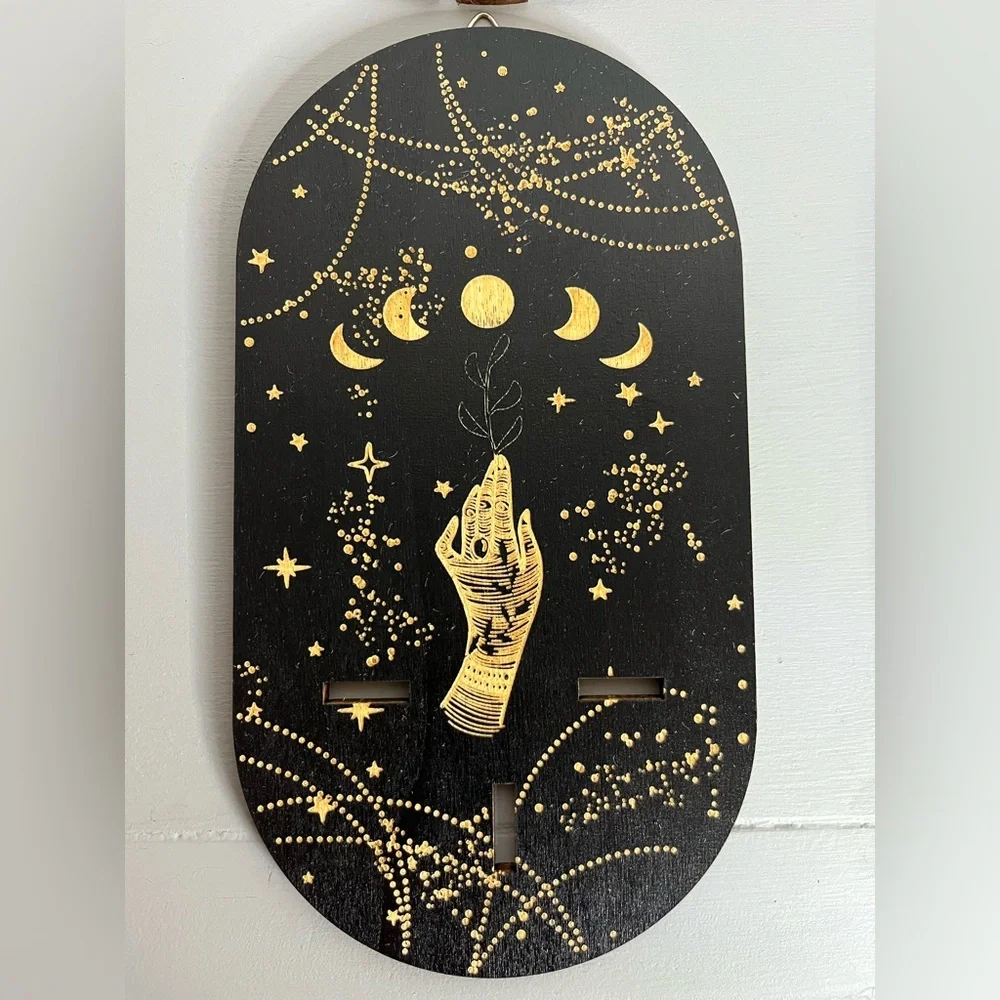 Set of 2 Mystical Boho Wooden Wall Shelves with Celestial & Moth Art Engraving